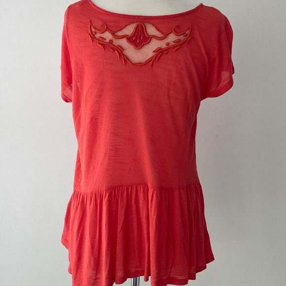 *RARE* FREE PEOPLE orange lace cut tee - Picture 2 of 3